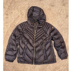 Michael Michael Kors Black Packable Down Puffer Jacket Hooded Chevron Quilt L